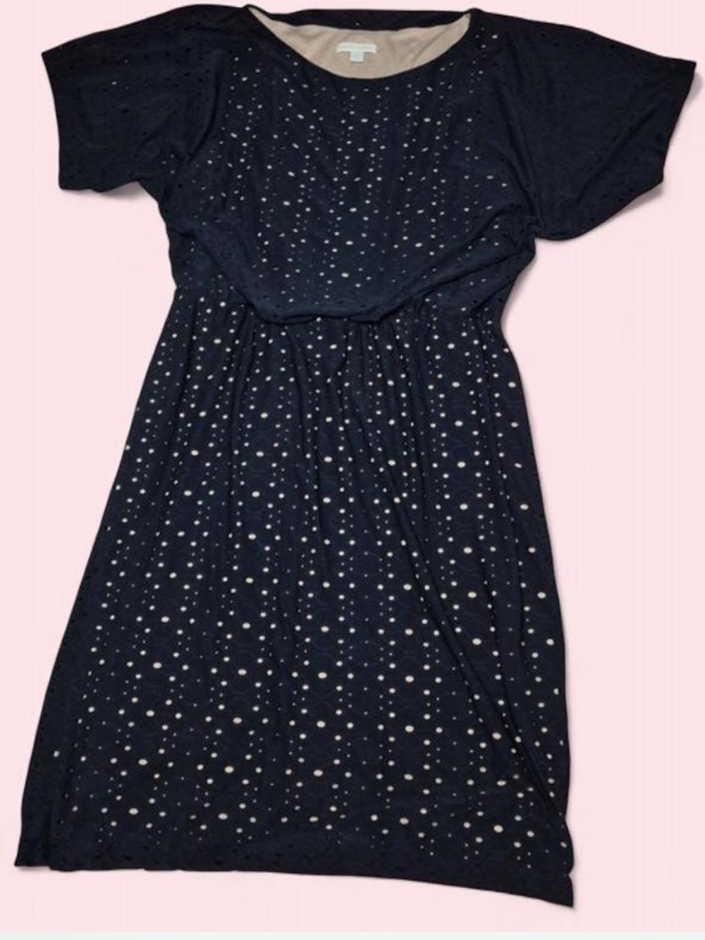 New York company Navy Blue polka dot cut out over nude underlay Short Sleeve Drs